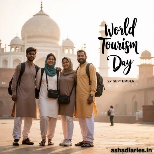 World Tourism Day celebration with friends at Taj Mahal, group of tourists smiling and posing on 27 September.