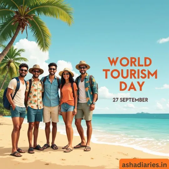 Group of young travelers celebrating World Tourism Day on a tropical beach, enjoying adventure and togetherness, 27 September celebration.