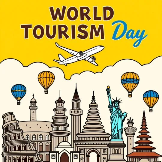 World Tourism Day illustration with airplane, hot air balloons, and famous world monuments celebrating global travel