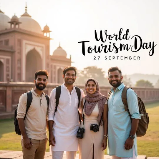 Group of young Indian travelers smiling in front of a historical monument celebrating World Tourism Day on 27 September.