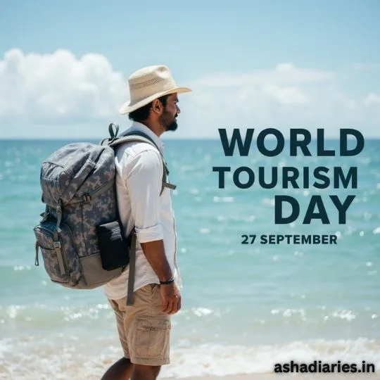 Man with backpack and hat walking along beach shore celebrating World Tourism Day 27 September