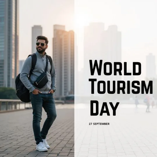 Young traveler standing confidently with backpack in modern cityscape background, celebrating World Tourism Day on 27 September.
