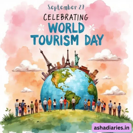 World Tourism Day celebration with people around globe and famous landmarks illustration
