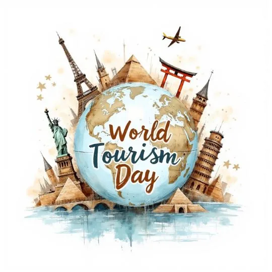 World Tourism Day celebration with globe, Eiffel Tower, Statue of Liberty, Leaning Tower of Pisa, pyramids, and airplane illustration