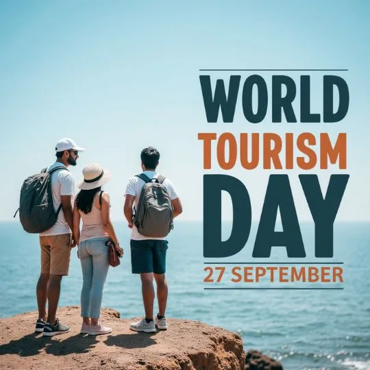 Three travelers with backpacks standing on a cliff by the sea celebrating World Tourism Day 27 September