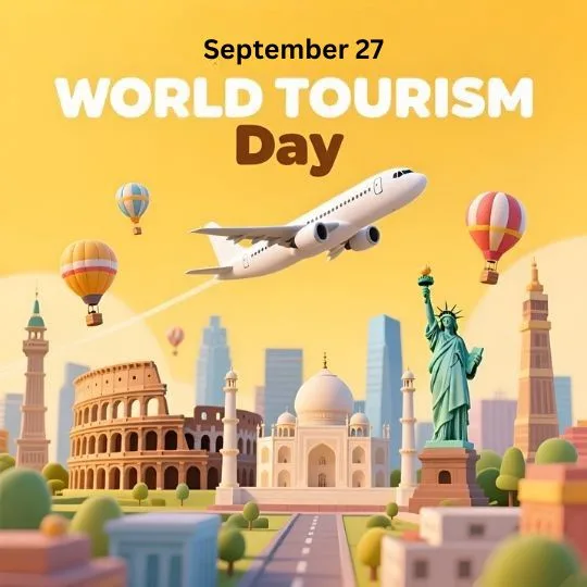 World Tourism Day celebration with airplane, hot air balloons, Statue of Liberty, Taj Mahal, Colosseum, and famous monuments