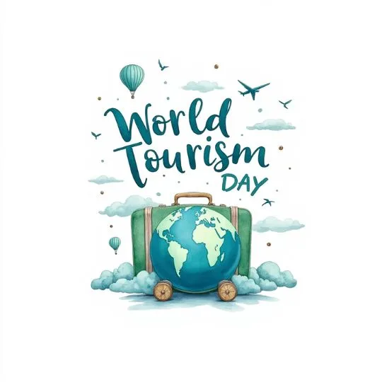 World Tourism Day illustration with globe suitcase, hot air balloons, airplane, and clouds symbolizing travel and celebration.