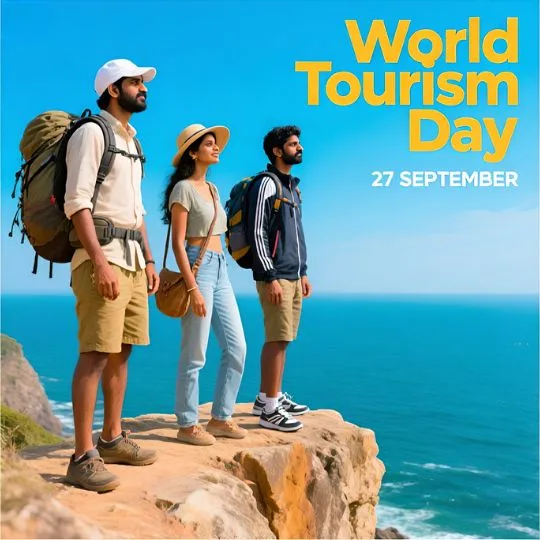 Tourists standing on a cliffside with backpacks celebrating World Tourism Day 27 September with ocean view
