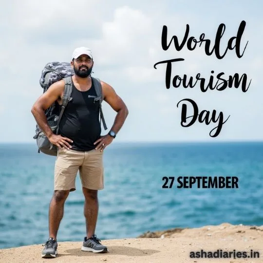 Man with backpack standing on cliff by the sea celebrating World Tourism Day 27 September