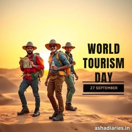 Three happy travelers with backpacks and hats exploring desert dunes, celebrating World Tourism Day on 27 September.