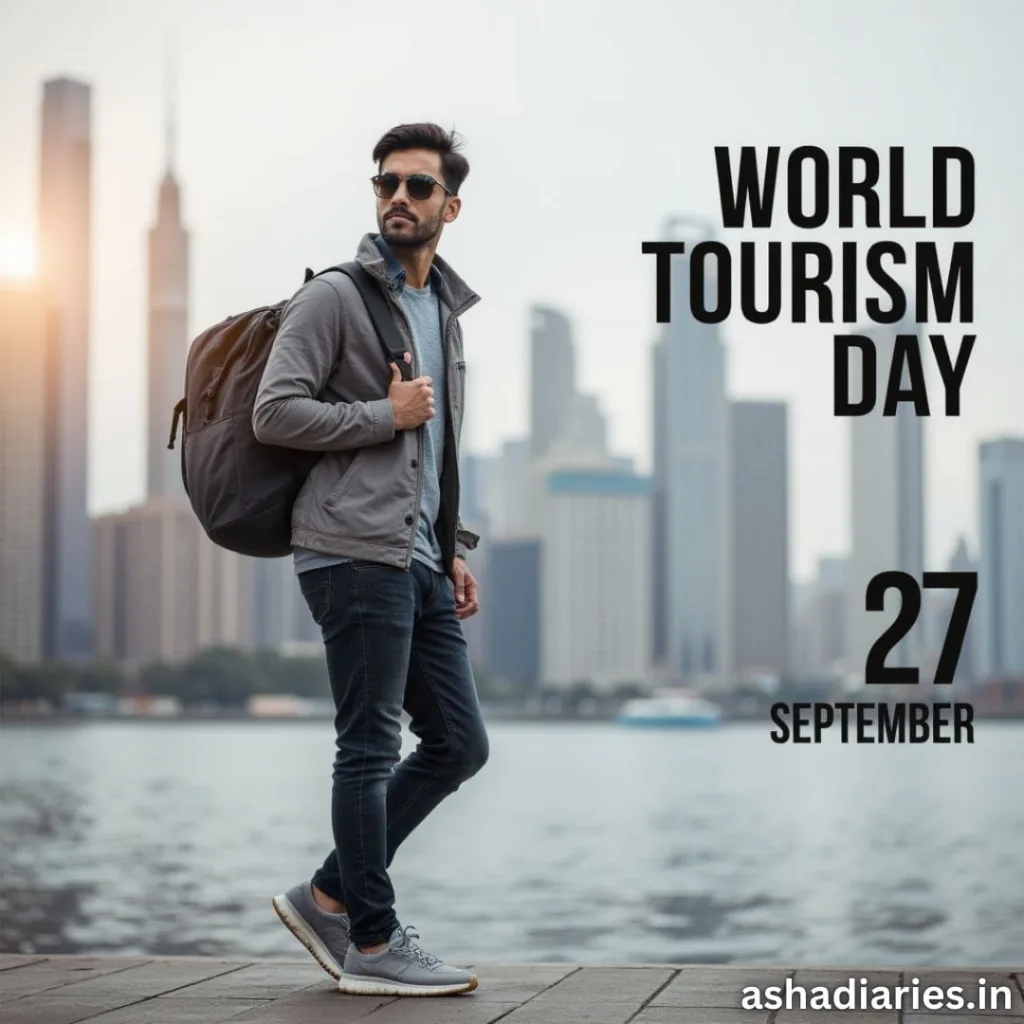 World Tourism Day traveler standing with backpack in front of modern city skyline on September 27