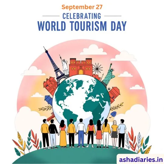 World Tourism Day celebration illustration with globe, famous monuments, and people holding hands