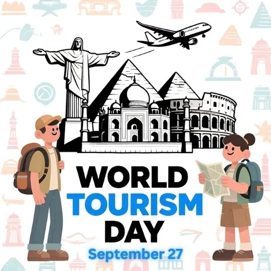 World Tourism Day September 27 illustration with travelers, airplane, and famous landmarks like Taj Mahal, Colosseum, Pyramids, and Christ the Redeemer.