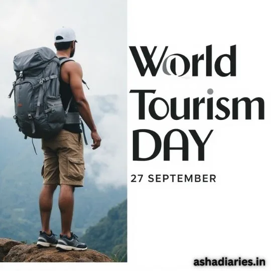 Man standing on mountain cliff with backpack celebrating World Tourism Day, 27 September