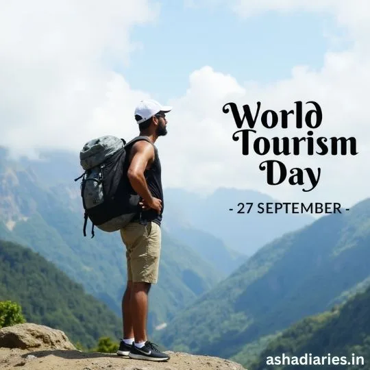 Traveler standing on mountain peak with backpack celebrating World Tourism Day 27 September