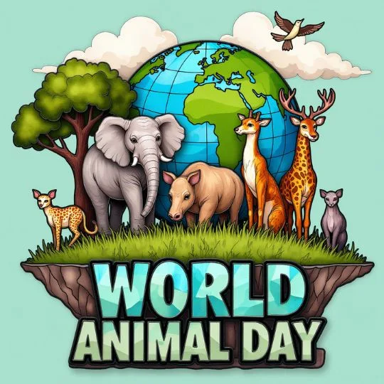 World Animal Day illustration featuring elephant, deer, giraffe, and wildlife with Earth globe background celebrating nature and conservation.