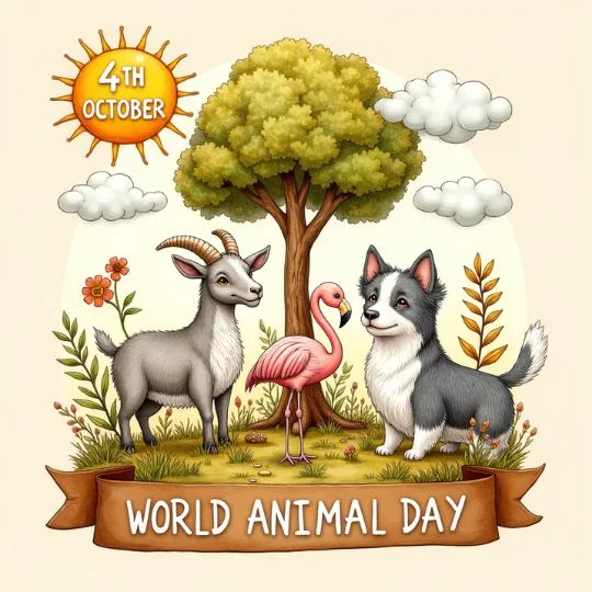 Illustration of World Animal Day with goat, flamingo, and dog near a tree celebrating wildlife and nature conservation