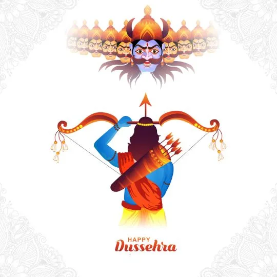 Lord Rama aiming arrow at Ravana illustration – Happy Dussehra festival celebration.