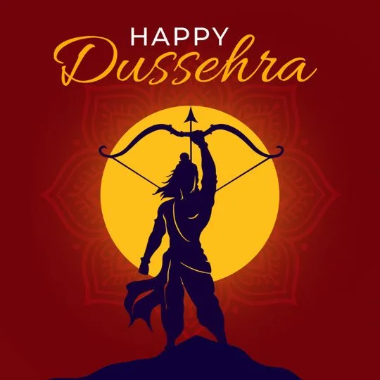 Lord Rama silhouette with bow and arrow on Dussehra festival background.