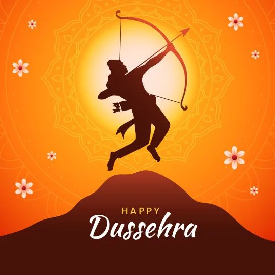 Silhouette of Lord Rama with bow and arrow aiming at Ravana on Happy Dussehra festival background.