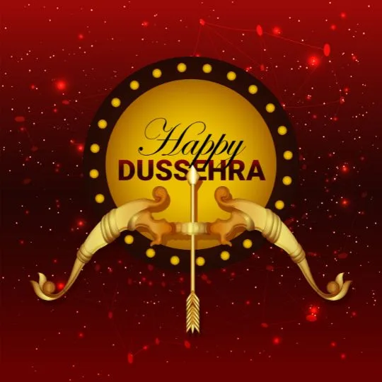 Happy Dussehra celebration image with golden bow, arrow, and festive background.