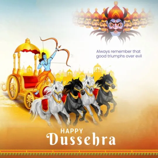 Happy Dussehra illustration of Lord Rama aiming arrow at Ravana, symbolizing victory of good over evil.