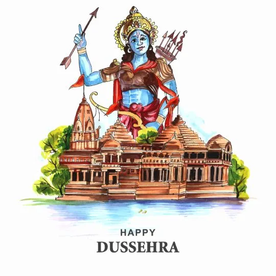 Happy Dussehra – Lord Rama Illustration with Bow and Arrow at Ayodhya Ram Mandir
