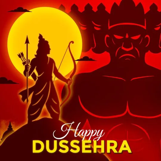 Lord Rama with bow and arrow facing Ravana under full moon – Happy Dussehra celebration illustration.