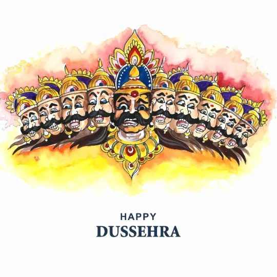Happy Dussehra illustration of Ravana with ten heads symbolizing the victory of good over evil.