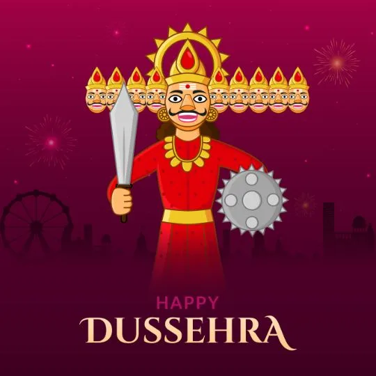Happy Dussehra - Illustration of Ravana with ten heads, sword, and mace on festive background with fireworks