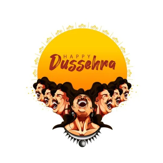 Happy Dussehra illustration of Ravana with ten heads against golden sun background