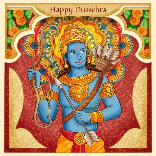 Happy Dussehra illustration of Lord Rama with bow and arrow, symbol of victory of good over evil.