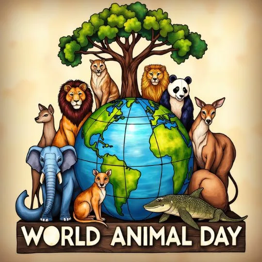 World Animal Day illustration showing global wildlife around Earth promoting love, care, and conservation for animals worldwide
