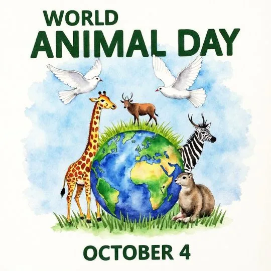 Illustration of World Animal Day with giraffe, zebra, deer, dove, and earth symbolizing wildlife conservation and harmony