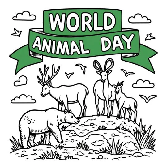 World Animal Day illustration featuring wild animals like deer and bear standing on a hill with birds and clouds, celebrating wildlife and nature conservation.