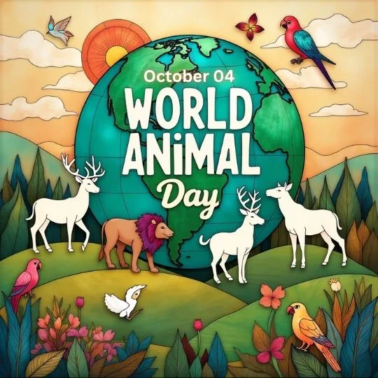World Animal Day October 4 illustration with globe, deer, lion, birds, butterflies and nature background celebrating wildlife and biodiversity.