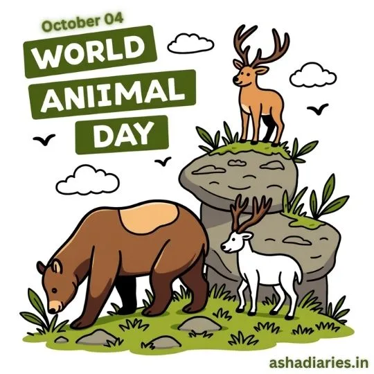 World Animal Day illustration with bear and deers on nature rocks, October 4 awareness poster
