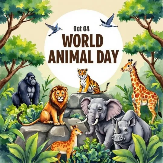 World Animal Day 2025 illustration featuring lion, tiger, elephant, giraffe, gorilla, and deer in a lush green forest