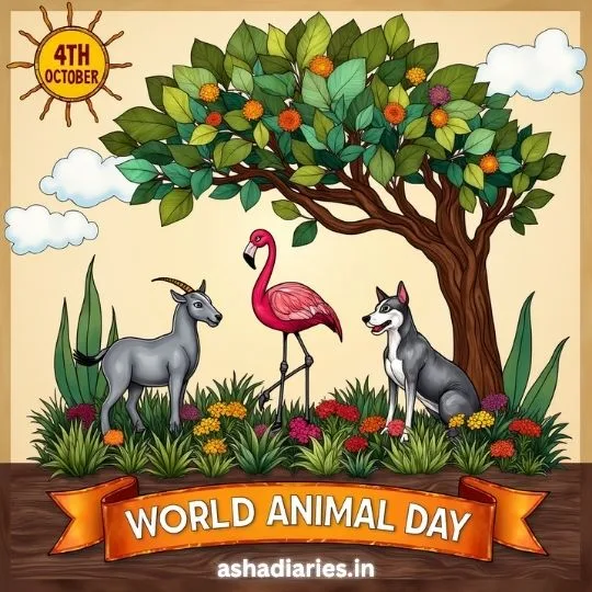 World Animal Day 2025 illustration showing a flamingo, goat, and dog under a lush tree celebrating wildlife and animal love