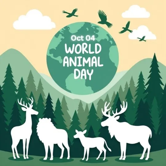 World Animal Day illustration featuring deer, lion, and wildlife silhouettes in green forest with flying birds and Earth globe background