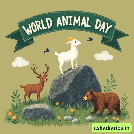 World Animal Day illustration with goat, deer, and bear on rocks — celebrating wildlife and animal welfare