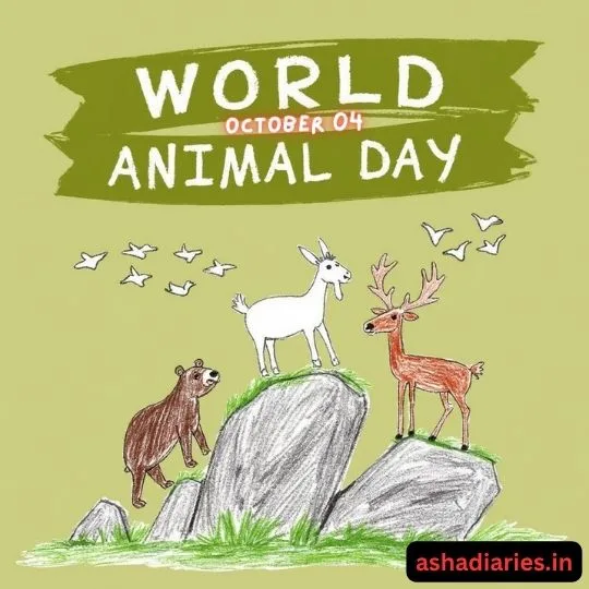 World Animal Day illustration with bear, goat, and deer on rocks, surrounded by flying birds
