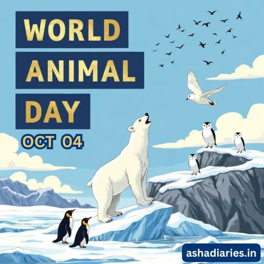 World Animal Day October 4 poster with polar bear, penguins, birds and icy landscape