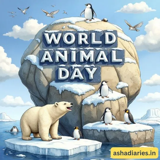 World Animal Day illustration with polar bear, penguins, seagulls, and icy rock background.