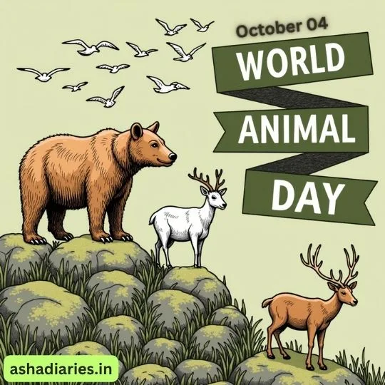 World Animal Day illustration with bear, deer, and birds on green hills – October 04 awareness poster