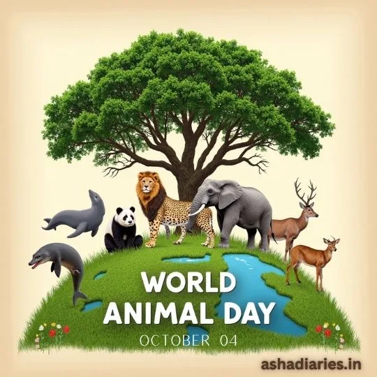 World Animal Day illustration with lion, elephant, panda, dolphin, deer, and tree symbolizing wildlife conservation