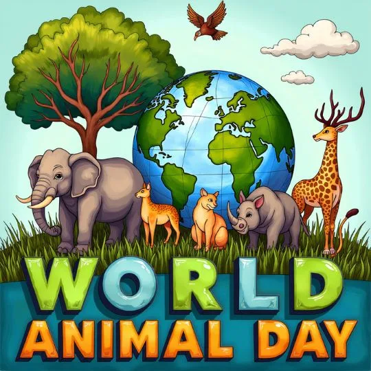 World Animal Day illustration featuring elephant, giraffe, deer, rhino, fox, globe, and tree promoting wildlife conservation and nature awareness.