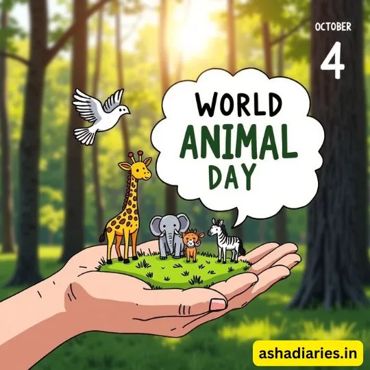 World Animal Day illustration with animals in hand – giraffe, elephant, zebra, dove and forest background.