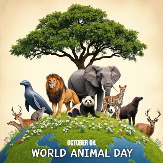 World Animal Day illustration with lion, elephant, panda, deer, giraffe, penguin, and other animals under a tree on Earth