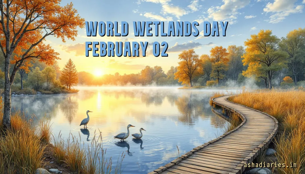 World Wetlands Day February 2 scenic wetland landscape with sunrise, birds, wooden pathway, lake, autumn trees and peaceful natural ecosystem.